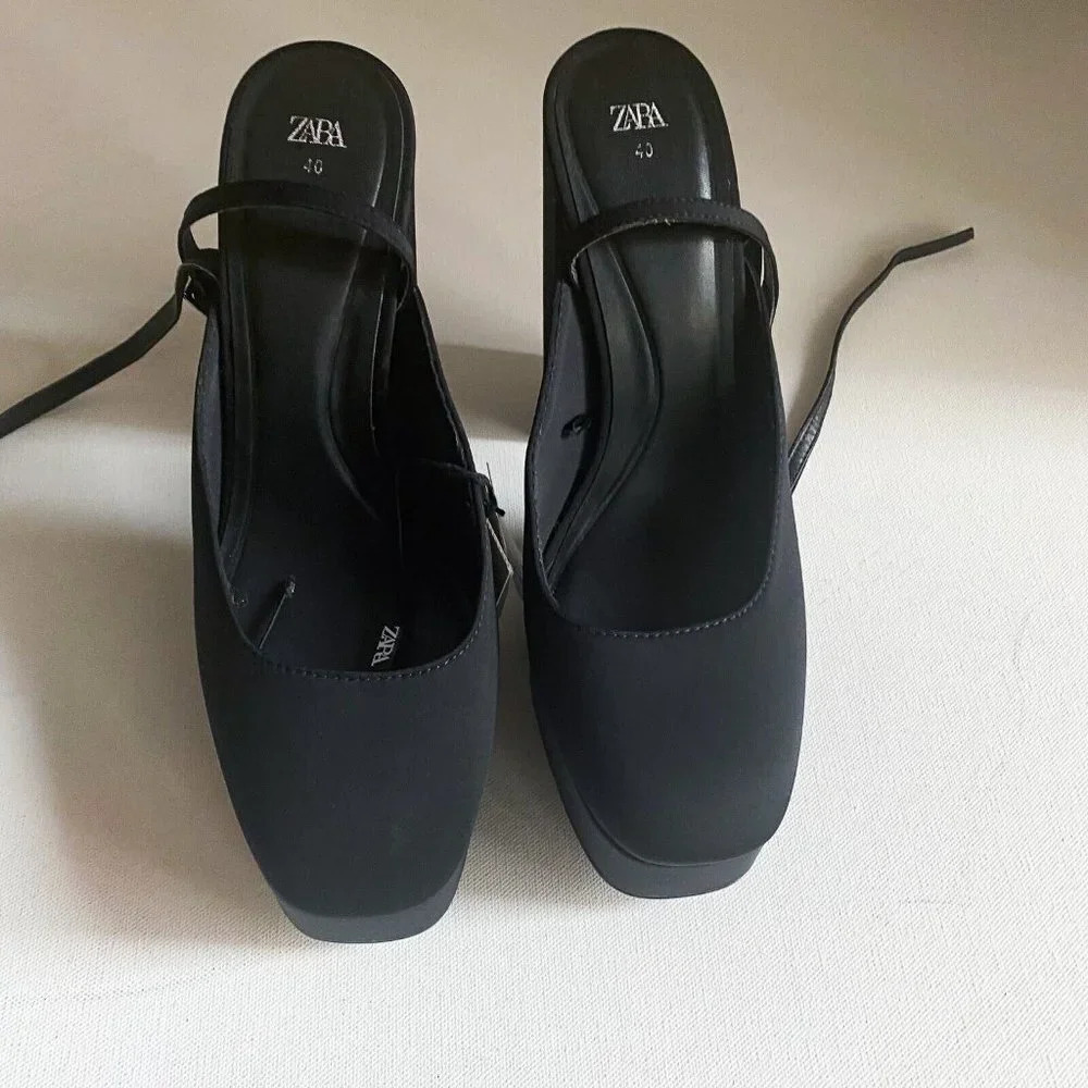 NWT Black Chunky Platform Nylon Ankle Wrap Closure heels 40 - Picture 7 of 11